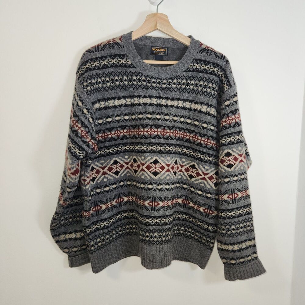 Woolrich Men's Charcoal Fair Isle 100% Wool Crewneck Pullover LARGE